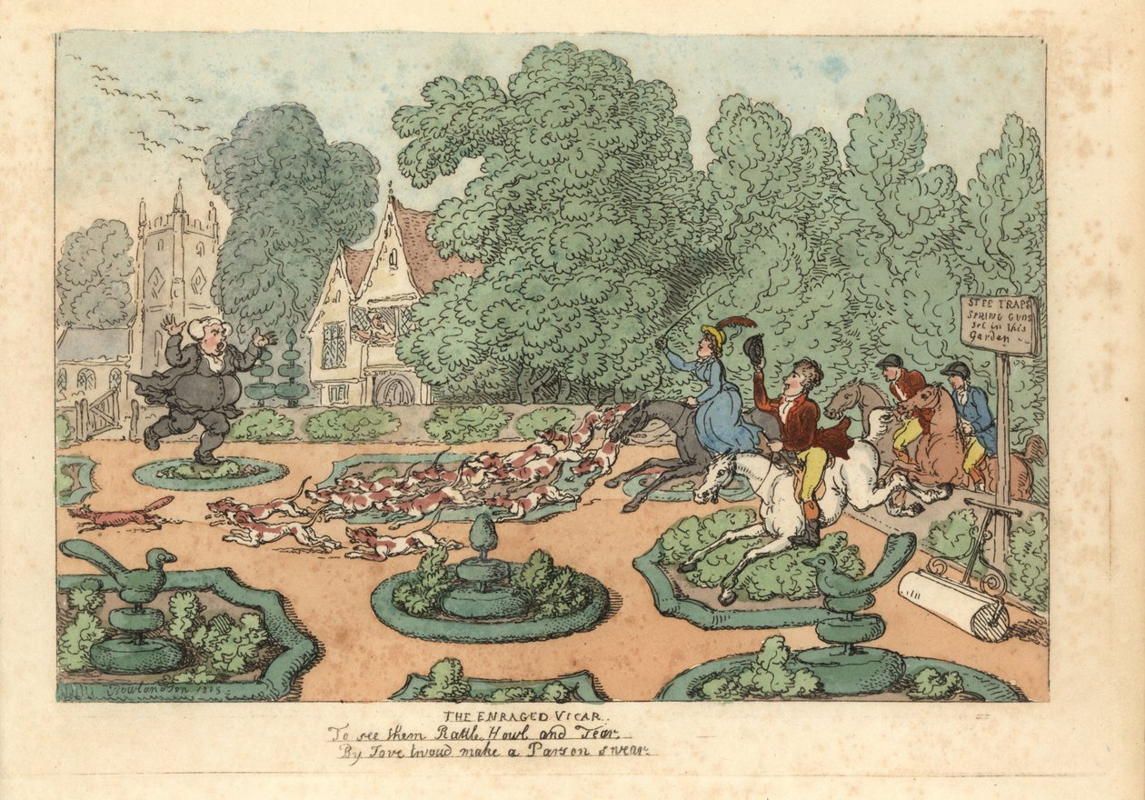 Parson, tilki avcılarına ve bahçesini çiğneyen tazılara küfrediyor. by Thomas Rowlandson