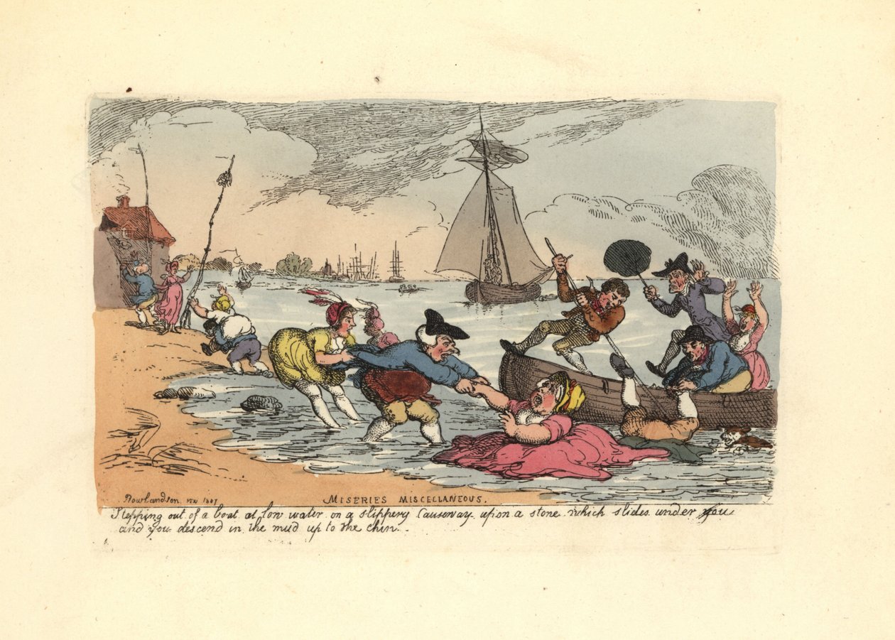 Kayarak nehir çamuruna düşen yolcular. by Thomas Rowlandson