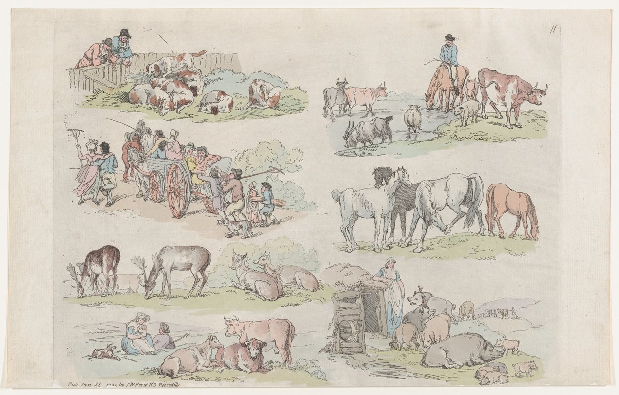 Levha 11, Şekiller, Manzaralar ve Sığırların Ana Hatları...Öğrencilerin Kullanımı İçin..., 31 Ocak 1791. by Thomas Rowlandson