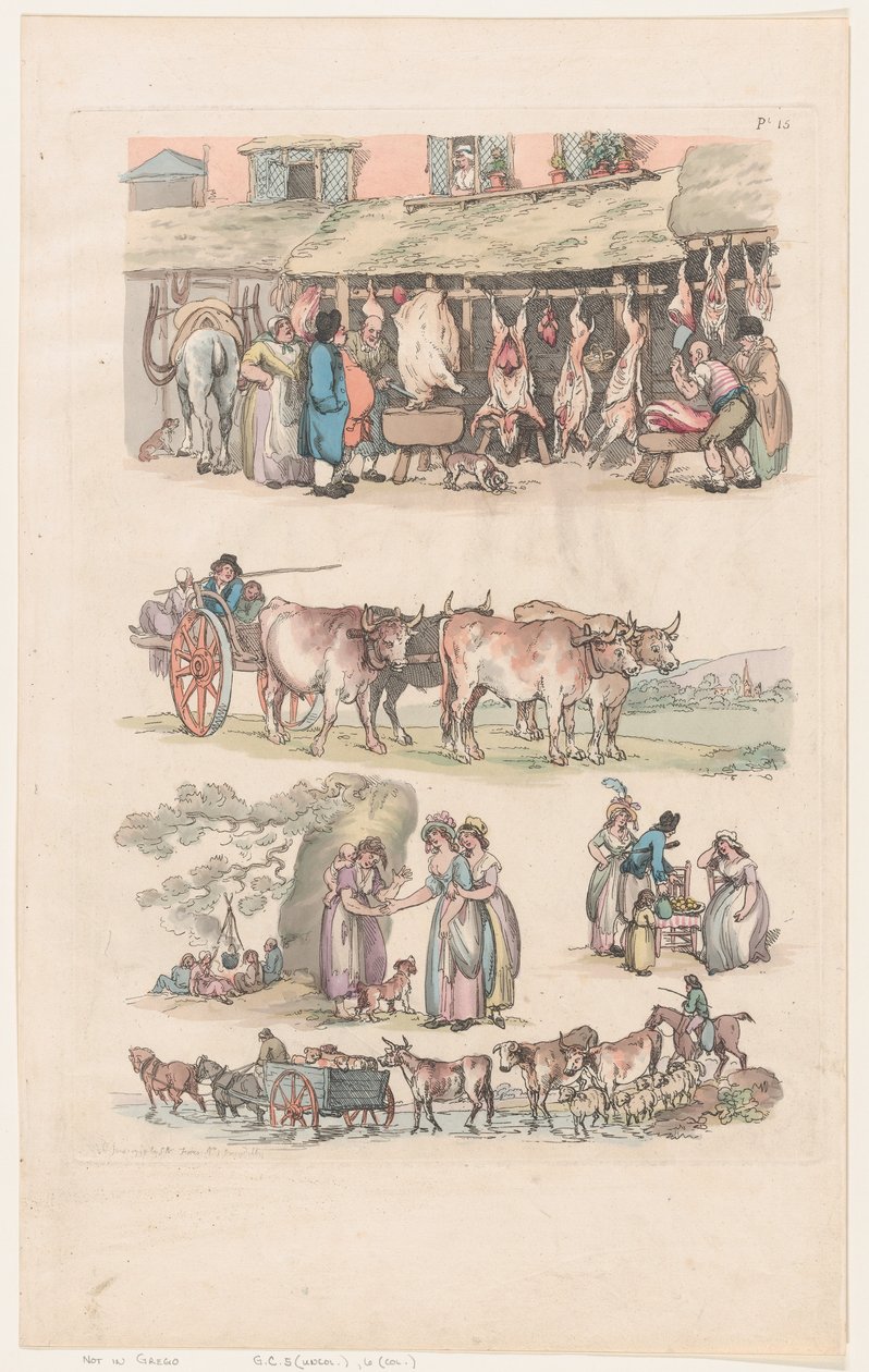 Levha 15, Figürlerin, Manzaraların ve Sığırların Ana Hatları... Öğrenicilerin Kullanımı İçin, Ju..., 1 Haziran 1790. by Thomas Rowlandson