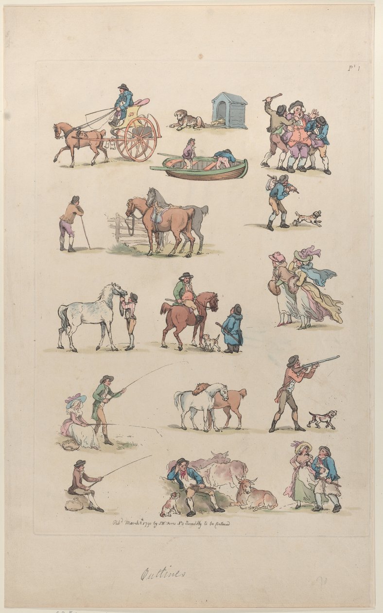 Levha 1, Figürlerin, Manzaraların ve Sığırların Ana Hatları... Öğrenicilerin Kullanımı İçin, Ma..., 8 Mart 1790. by Thomas Rowlandson