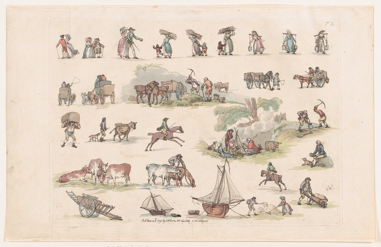 Plaka 2, Figürlerin, Manzaraların ve Sığırların Ana Hatları... Öğrenicilerin Kullanımı İçin, Ma..., 8 Mart 1790. by Thomas Rowlandson