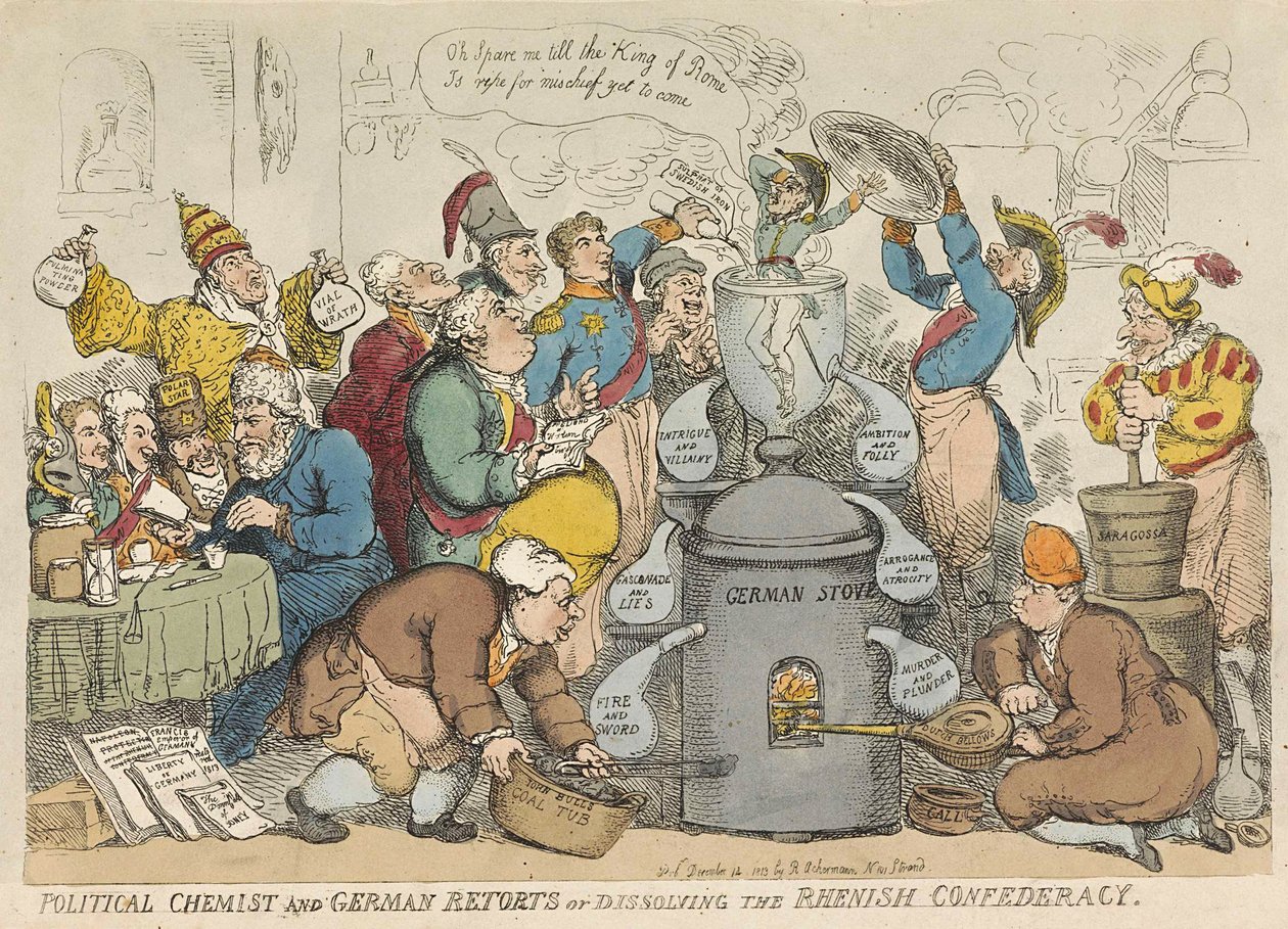 Siyasi kimyager ve Alman imbikler veya Ren konfederasyonunu dağıtıyor, pub. 1813 (el renkli gravür) by Thomas Rowlandson