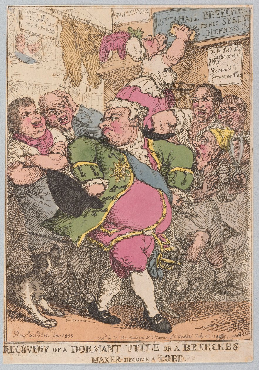Hareketsiz Bir Unvan veya Pantolon Yapıcının Geri Alınması Lord, pub olur. 1805 (el renkli gravür) by Thomas Rowlandson