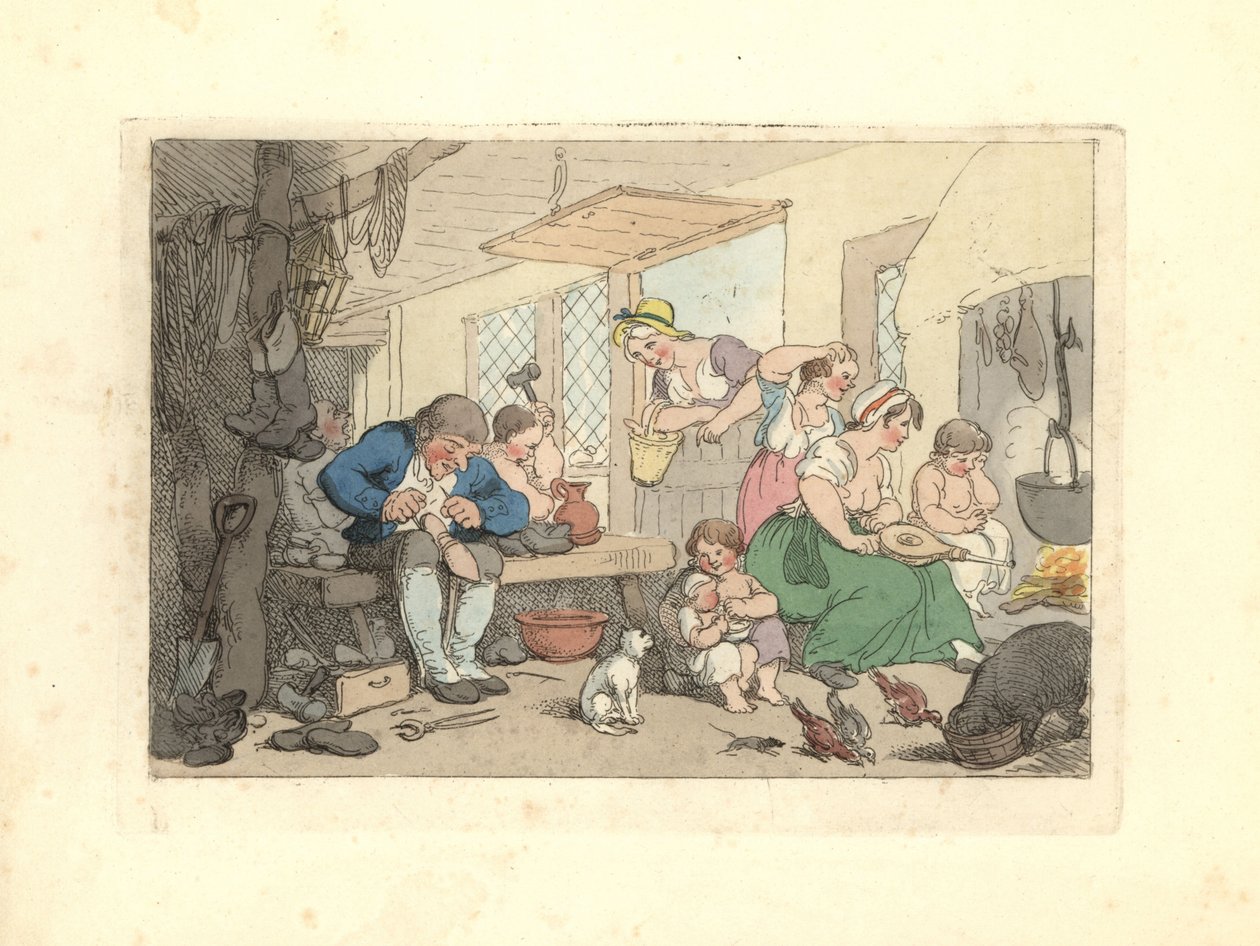 Regency ayakkabı tamircisi kalabalık bir odada ayakkabı tamir ediyor. by Thomas Rowlandson