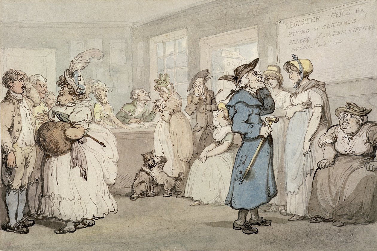 Hizmetlilerin İşe Alınması için Kayıt Bürosu, c.1805 (kağıt üzerine suluboya ile kalem ve mürekkep) by Thomas Rowlandson