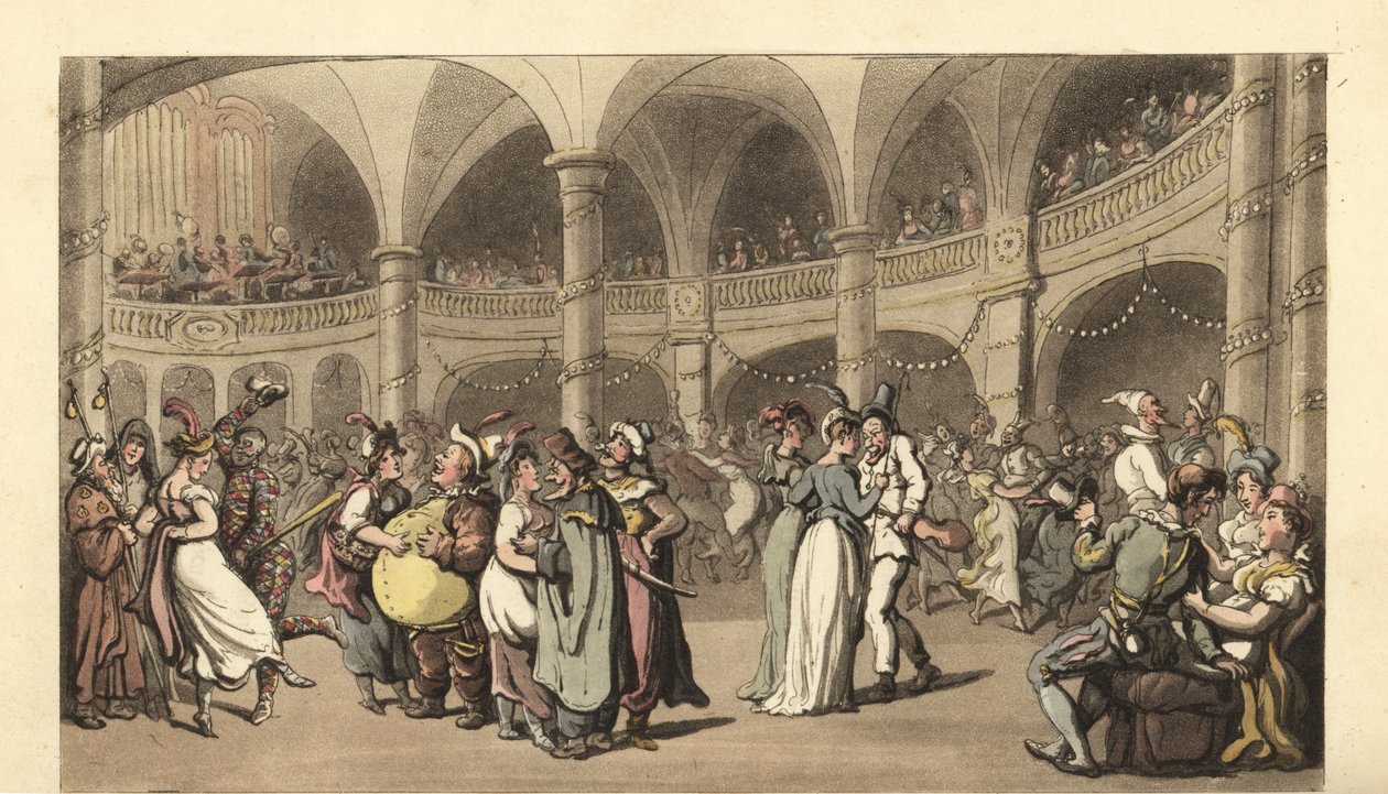 Büyük bir tiyatroda maskeli bir baloda kostümlü eğlenceciler by Thomas Rowlandson