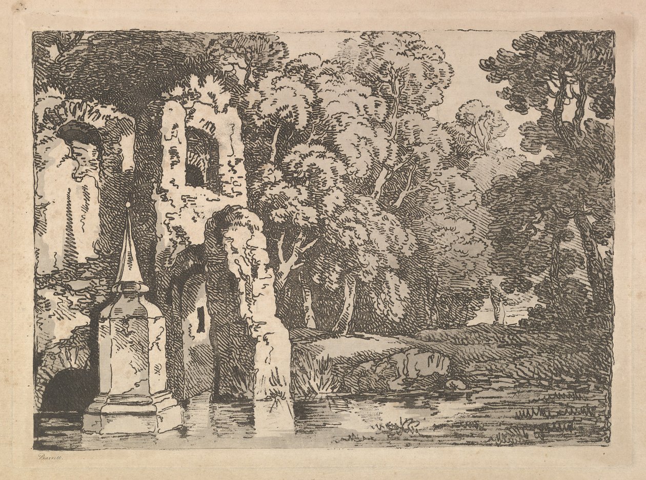 Ormanlık Bir Peyzajda Havuzun Yanındaki Harabeler, 1783-84. by Thomas Rowlandson