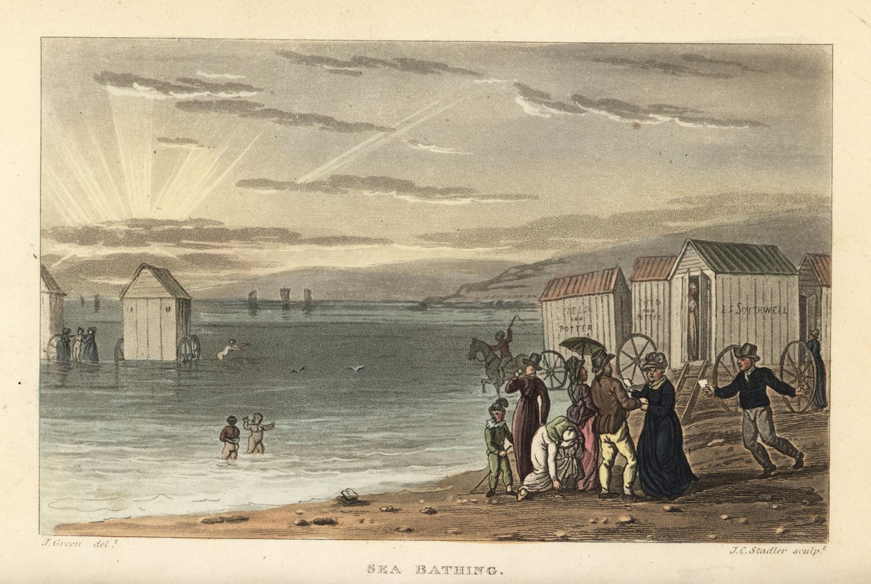 Denizde Yıkanma: Denizde yüzen çıplak kadınlar ve suya sürülen banyo motorları. Poetical Sketches of Scarborough, Ackermann, L