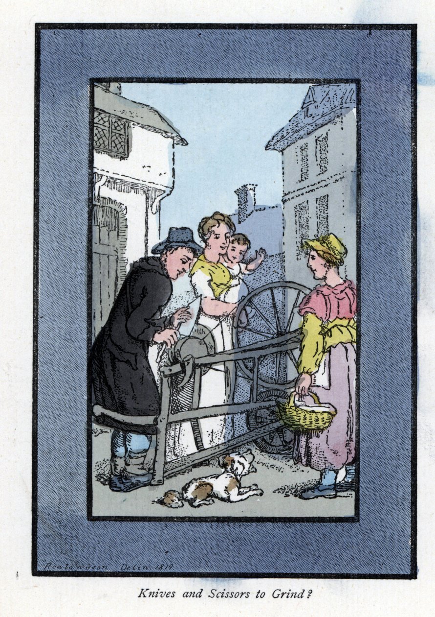 Bileyici, müşterileri ile birlikte, taşlama çarkında bir bıçağı bileme (1819). The Cris of London