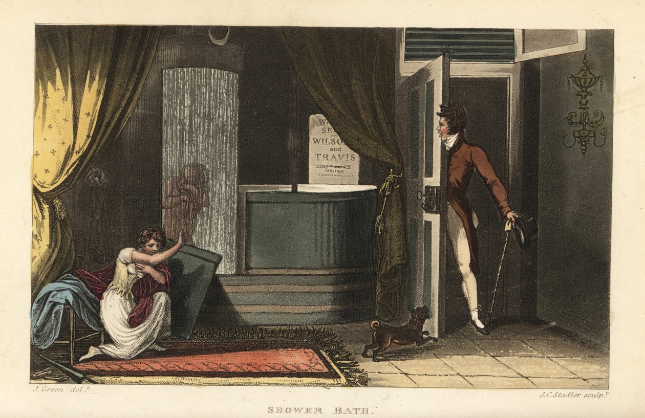 Duş Banyosu: Banyoda soğuk duş alan kadınlar, alçakgönüllülüklerini bir erkek davetsiz misafirden saklar. by Thomas Rowlandson