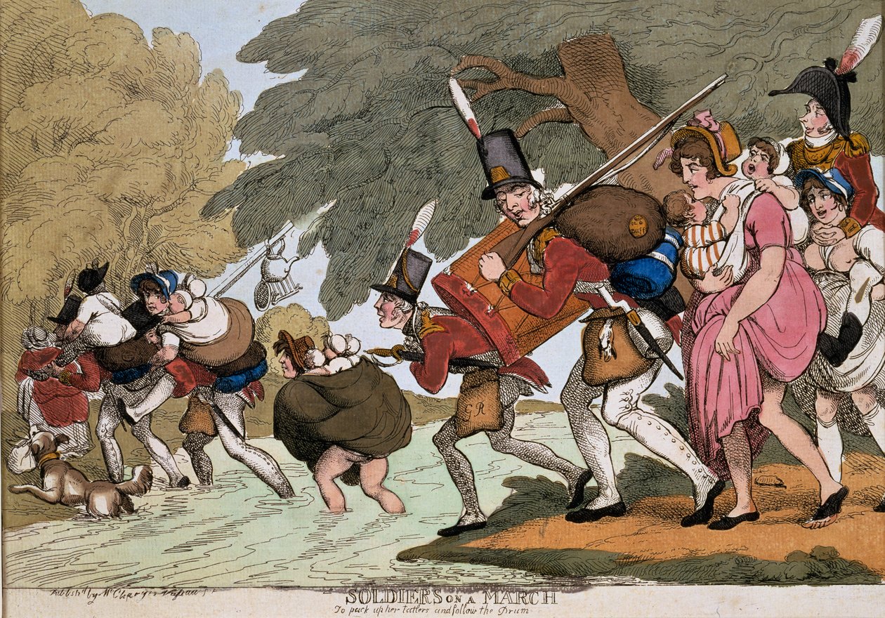 Yürüyüşe çıkan askerler, G.M.Woodward tarafından gravür, 1811 yayınlandı (renkli gravür) by Thomas Rowlandson