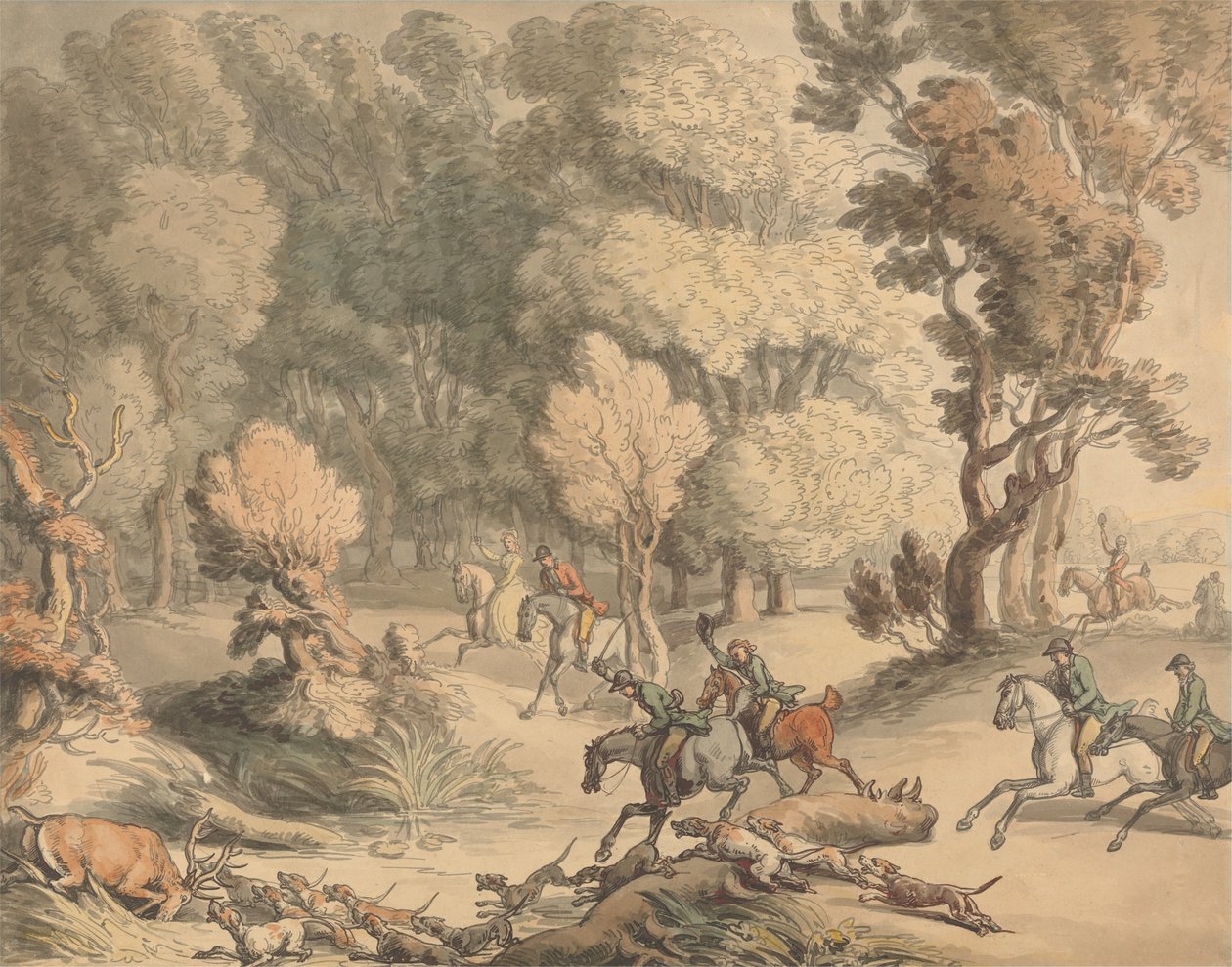 ಕೊಲ್ಲಿಯಲ್ಲಿ ಸಾರಂಗ - ಟ್ಯಾಪ್ಲೋ, ಬರ್ಕ್ಸ್, ಸಿ.1795-1801 ಬಳಿಯ ದೃಶ್ಯ by Thomas Rowlandson
