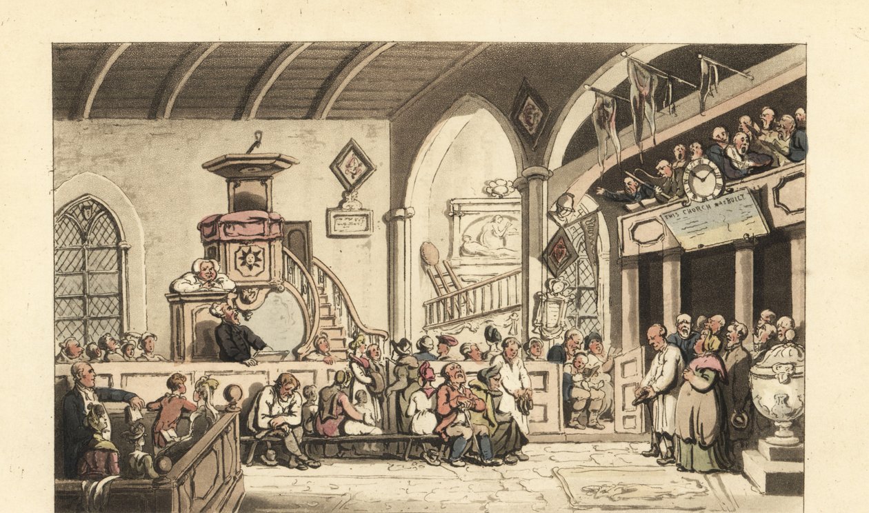 Bir ülke kilisesinde Pazar ayini, Regency Era by Thomas Rowlandson