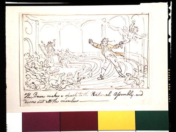 Baron Millet Meclisine Bir Konuşma Yapar ve Tüm Üyeleri (kalem ve mürekkep ve kağıt üzerine sulu boya) kovar by Thomas Rowlandson