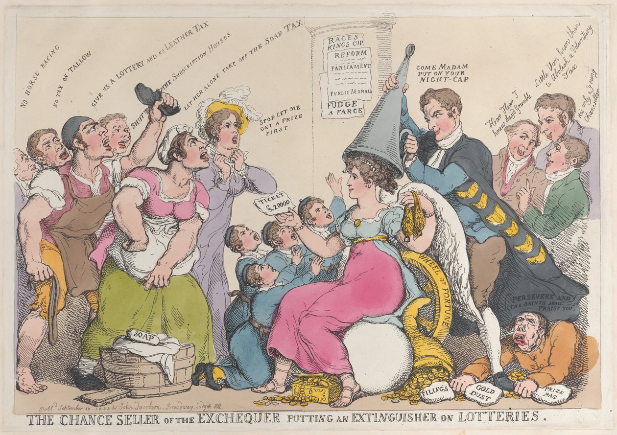 Hazinenin Şans Satıcısı, Piyangolara Söndürücü Koyarak, Eylül..., 18 Eylül 1823. by Thomas Rowlandson