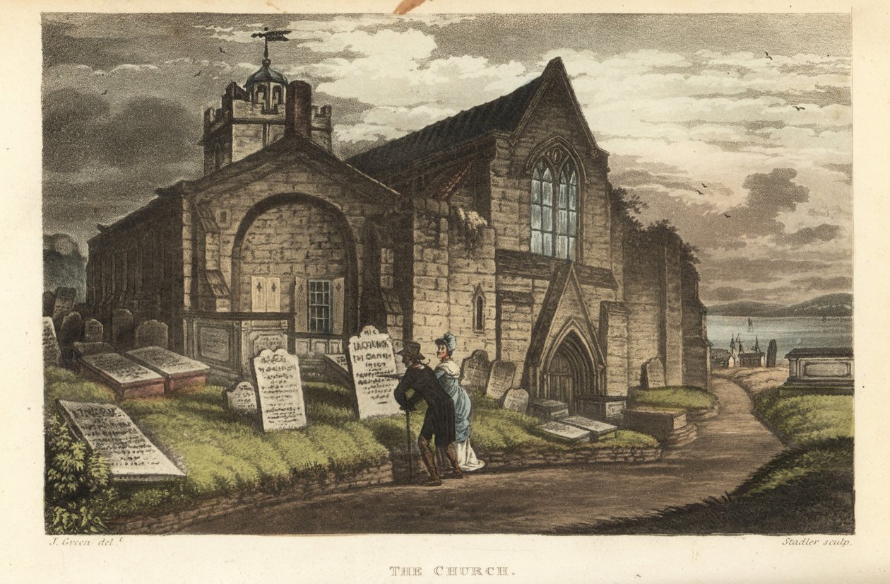 Kilise: Gotik bir kilise bahçesindeki mezar taşlarını okuyan yaşlı turistler. Thomas Rowlandson tarafından elle boyanmış bakır levha gravür, J.C. Stadler tarafından aquatint, J. Green