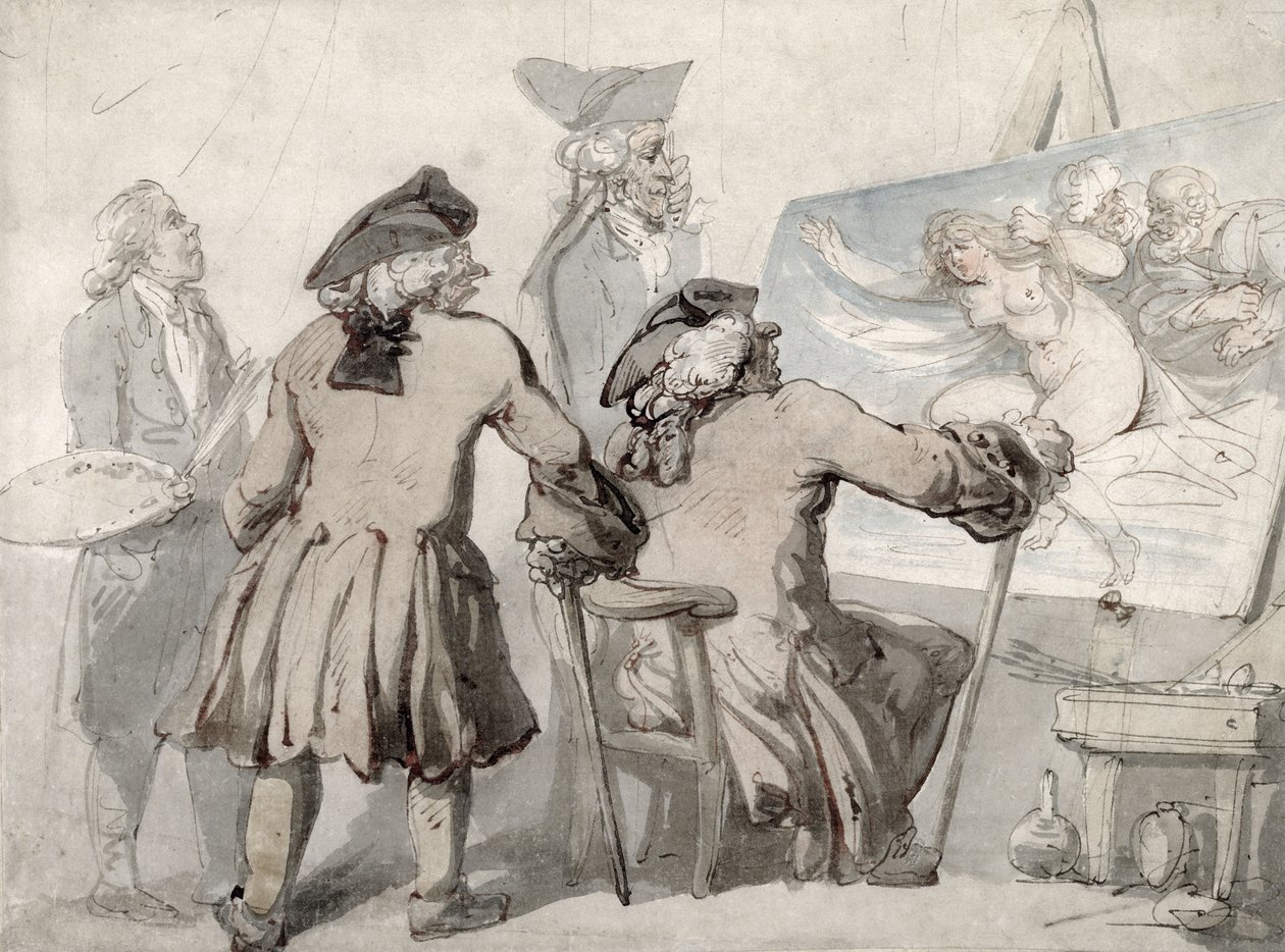 The Connoisseurs, c.1790 (monte edilmiş dokuma kağıt üzerine grafit üzerine kalem, mürekkep ve sulu boya) by Thomas Rowlandson