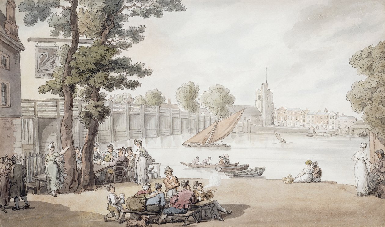 Old Swan Inn, ilerisinde Putney köprüsü manzaralı, by Thomas Rowlandson