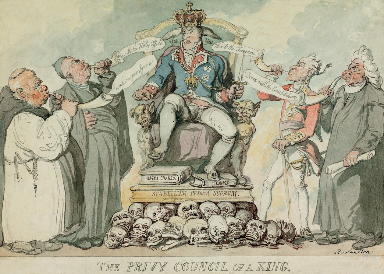 Bir Kralın Danışma Meclisi, pub. 1815 (el renkli gravür) by Thomas Rowlandson
