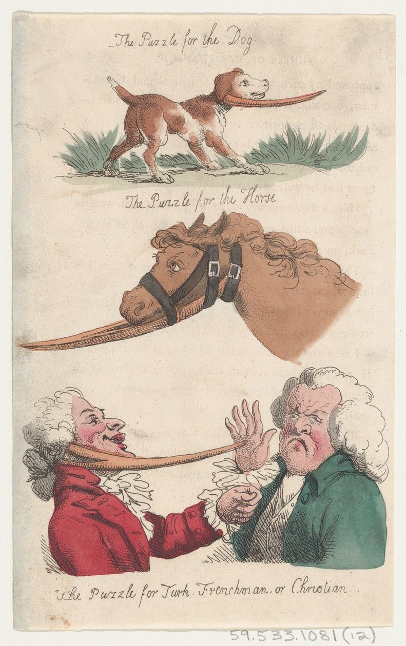 Köpek Bulmacası, At Bulmacası, Türk, Frenchman veya Chris için Bulmaca..., 1808. by Thomas Rowlandson