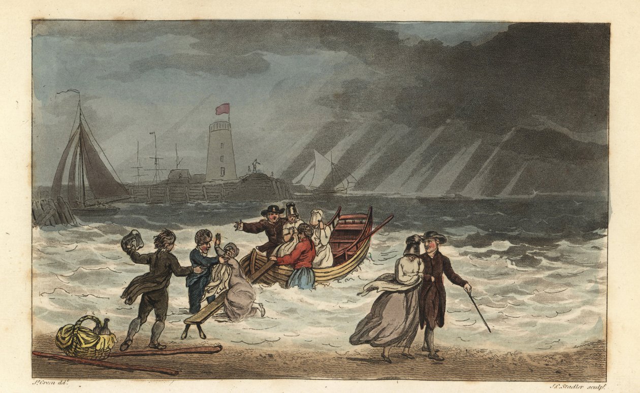 Su Partisi: turistler kötü hava koşulları nedeniyle deniz yolculuğunu terk eder. Thomas Rowlandson tarafından elle boyanmış bakır levha gravür, J.C. Stadler tarafından aquatint, J. Green