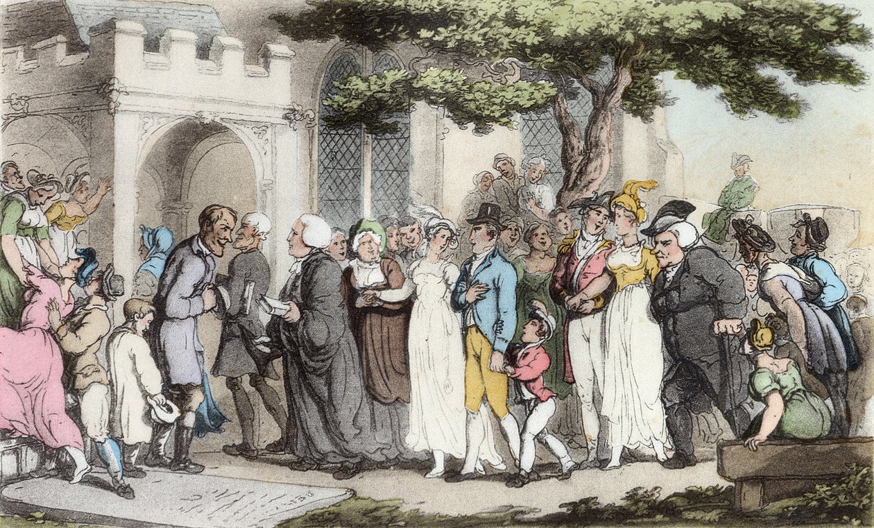 Düğünler, Oliver Goldsmith, pub'ın 'The Vicar of Wakefield'inden bir örnek. Ackermann, 1817 (el boyaması aquatint) by Thomas Rowlandson
