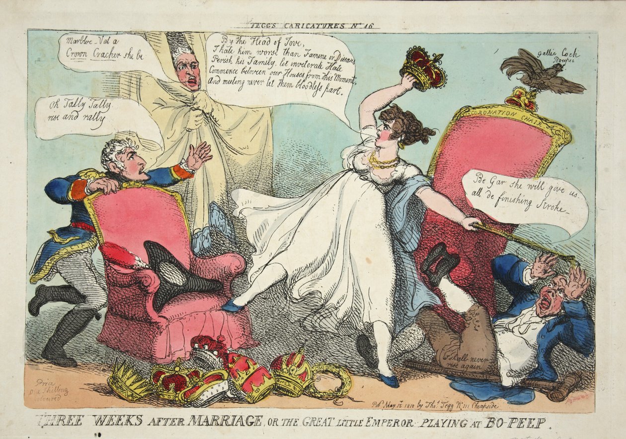 Evlilikten Üç Hafta Sonra veya Bo-Peep oynayan Büyük Küçük İmparator, pub. 1810 (el renkli gravür) by Thomas Rowlandson
