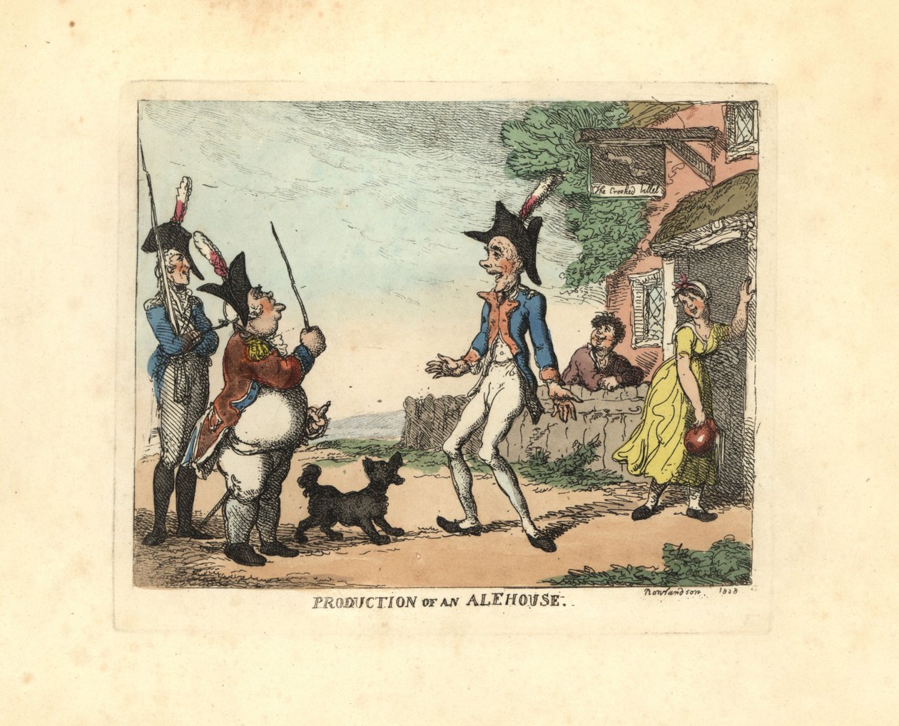 Bir meyhanenin önünde üniformalı üç asker geçit töreni yapıyor. by Thomas Rowlandson