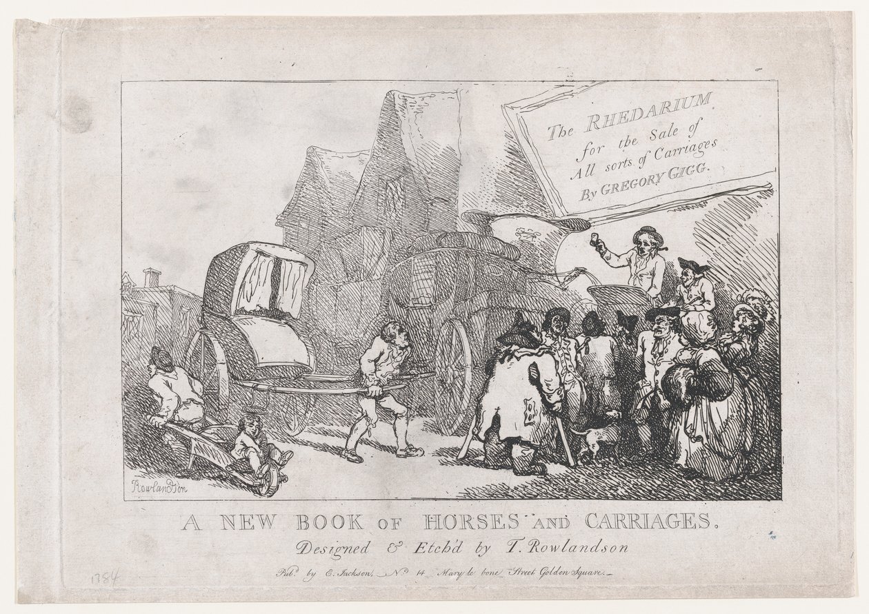 Başlık Sayfası: Yeni Bir Atlar ve Arabalar Kitabı veya, Her Türlü Satış için Rhedarium..., 1784. by Thomas Rowlandson