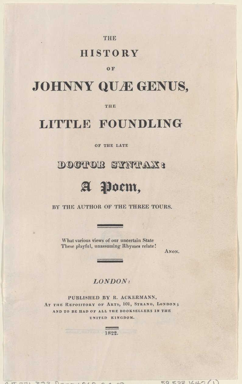 Başlık sayfası, The History of Johnny Quae Genus, The Little Foundling of the Late Docto..., 1822. by Thomas Rowlandson
