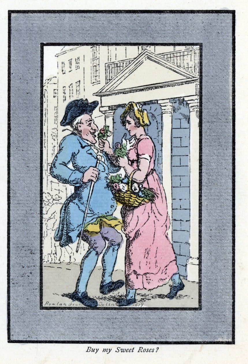 Küçük bir buket gülle gülümseyen bir beyefendiye yaklaşan gezgin çiçek satıcısı (1819). The Cris of London