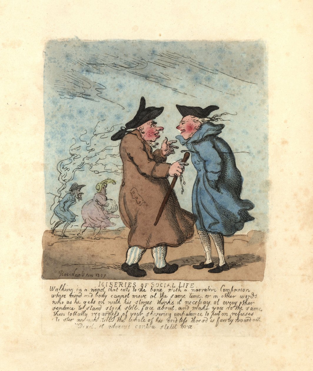 İki Regency adamı dondurucu bir rüzgarda konuşmak için durdu. by Thomas Rowlandson
