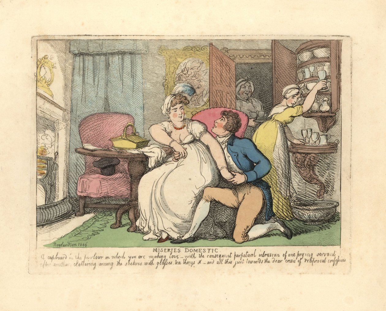 Bir salonda meraklı hizmetçiler tarafından rahatsız edilen iki sevgili. by Thomas Rowlandson