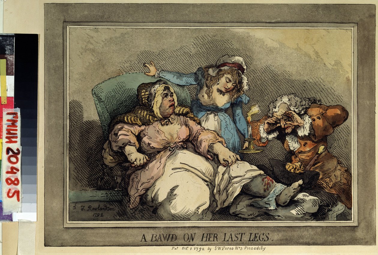 Son bacağında bir genelev sahibi (Son bacaklarında bir fahişe) Thomas Rowlandson (1756-1827) tarafından çizim. Renkli dağlama, 27.4 x 37 cm by Thomas Rowlandson