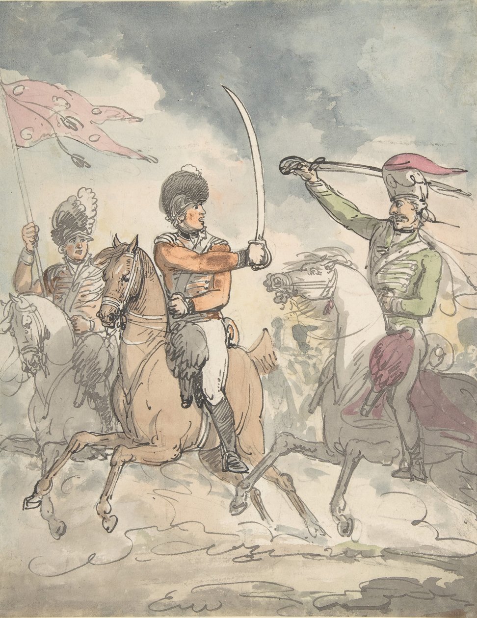 12 Şubat 1799, ca 1799 Macar ve Highland Broadsword Alıştırması için bir plaka için kullanılmayan çalışma. by Thomas Rowlandson.
