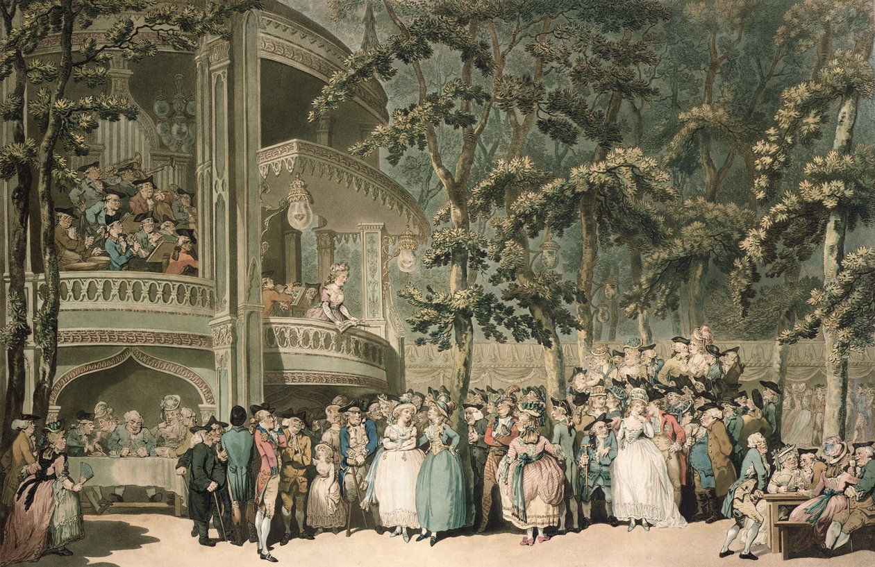 Vauxhall, Robert Pollard (1755-1838) tarafından oyulmuş ve Francis Jukes (1747-1812) tarafından sulandırılmış, pub. John Raphael Smith, 1785 (renkli aquatint) by Thomas Rowlandson