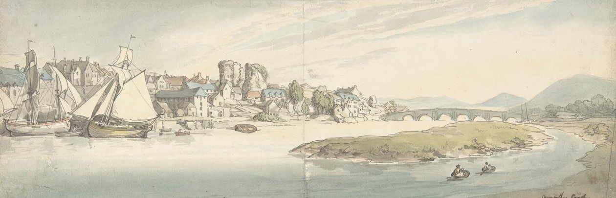 Carwitham Kalesi, 1775-1827 bir nehir üzerinde şehrin görünümü. by Thomas Rowlandson