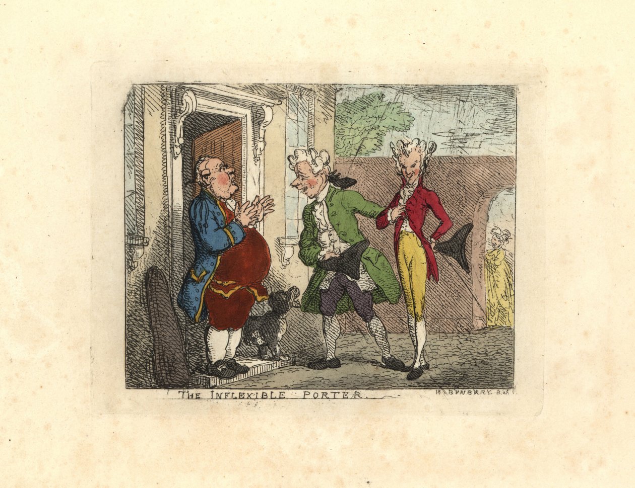Misafir beyler, bir hizmetçi tarafından bir eve girmeyi reddetti. by Thomas Rowlandson