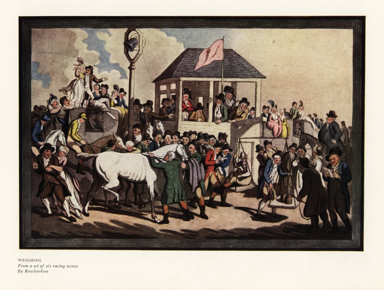 Bir yarış pistinde bir dizi terazi üzerinde bir jokey tartmak by Thomas Rowlandson