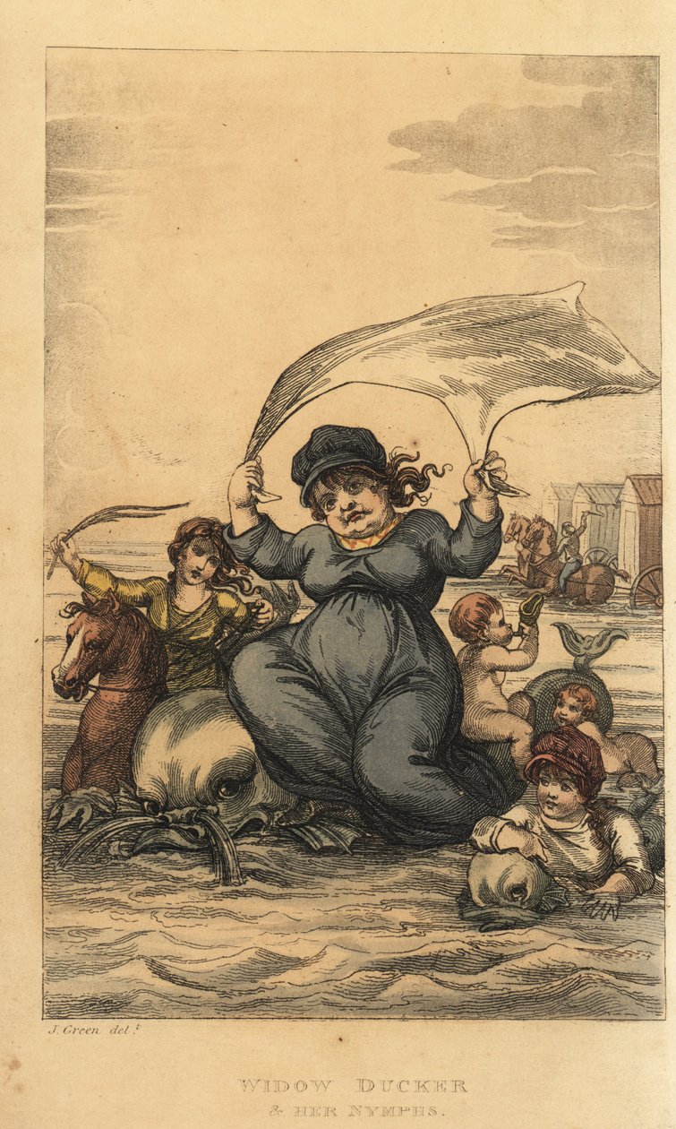 Dul Ducker ve perileri. Yunuslar ve banyo makineleri ile denizde yıkanan kadın ve çocuklar. Scarborough, Ackermann, Londra