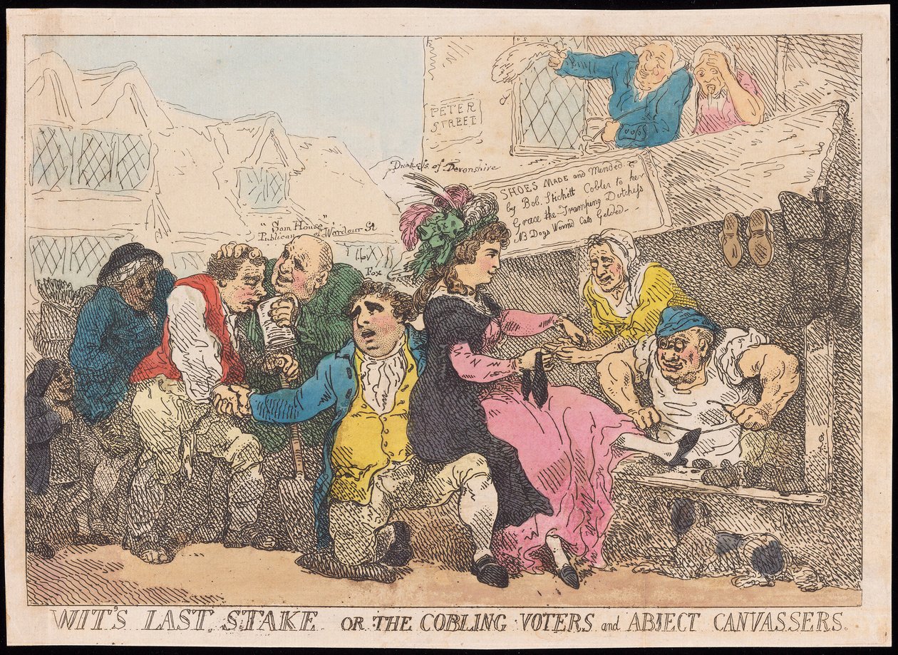 Wits Last Stake veya The Cobling Voters ve Abject Canvassers, pub. (el renkli gravür) by Thomas Rowlandson