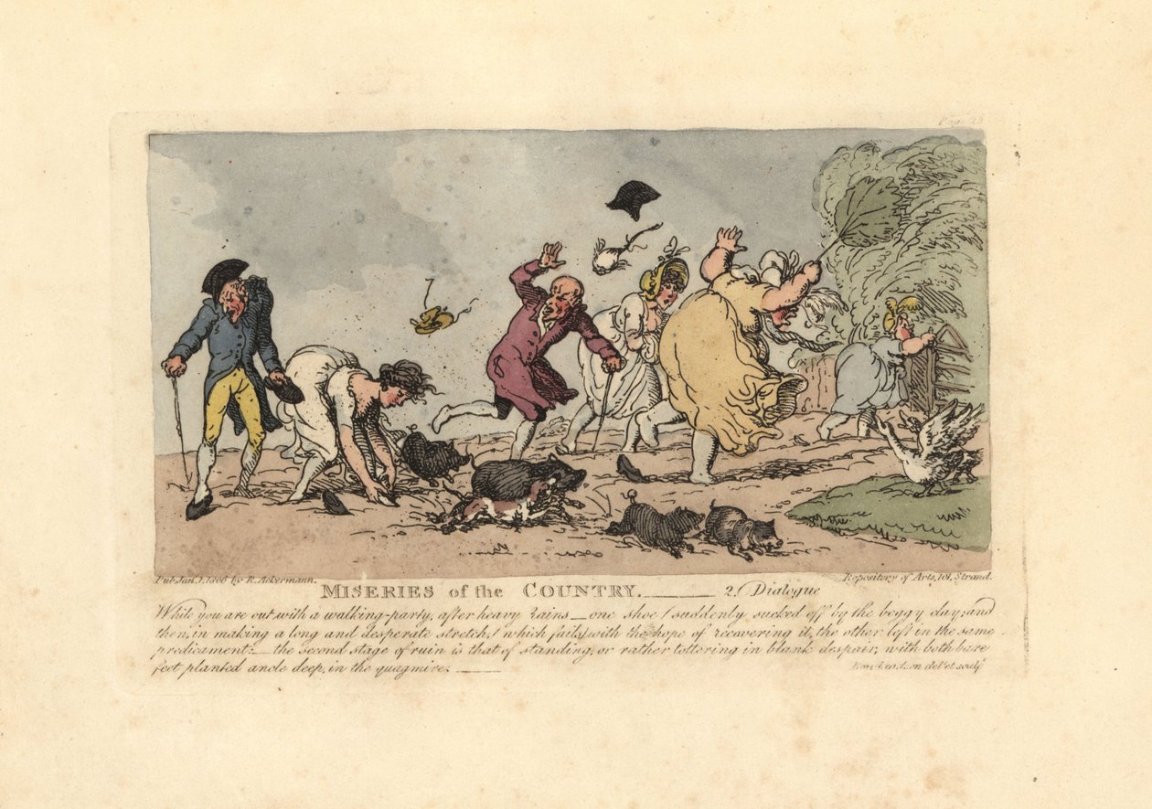 Ayakkabıları çamura saplanıp düşmek üzere olan kadın. by Thomas Rowlandson