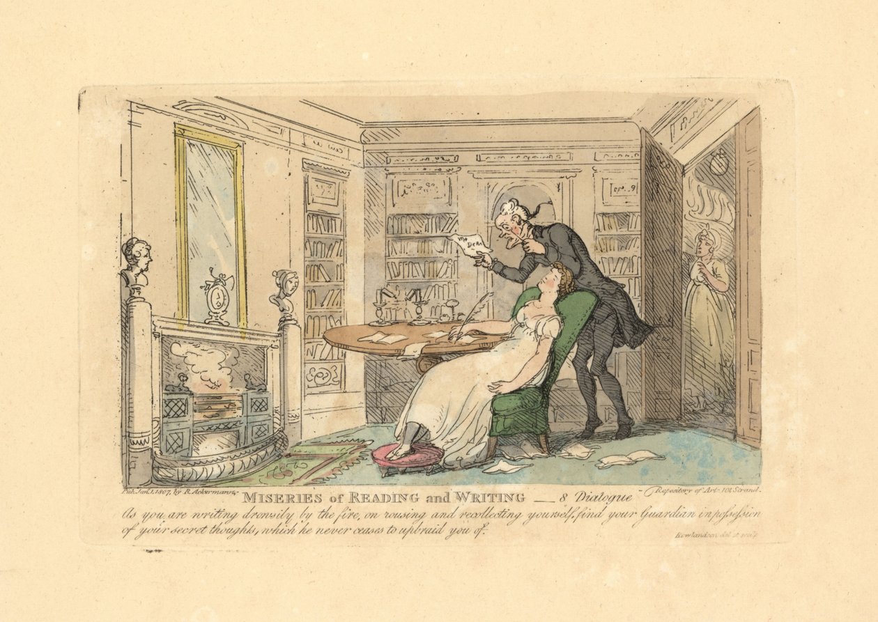 Bir adam onun gizli düşüncelerini okurken bir masada uyuyan kadın. by Thomas Rowlandson