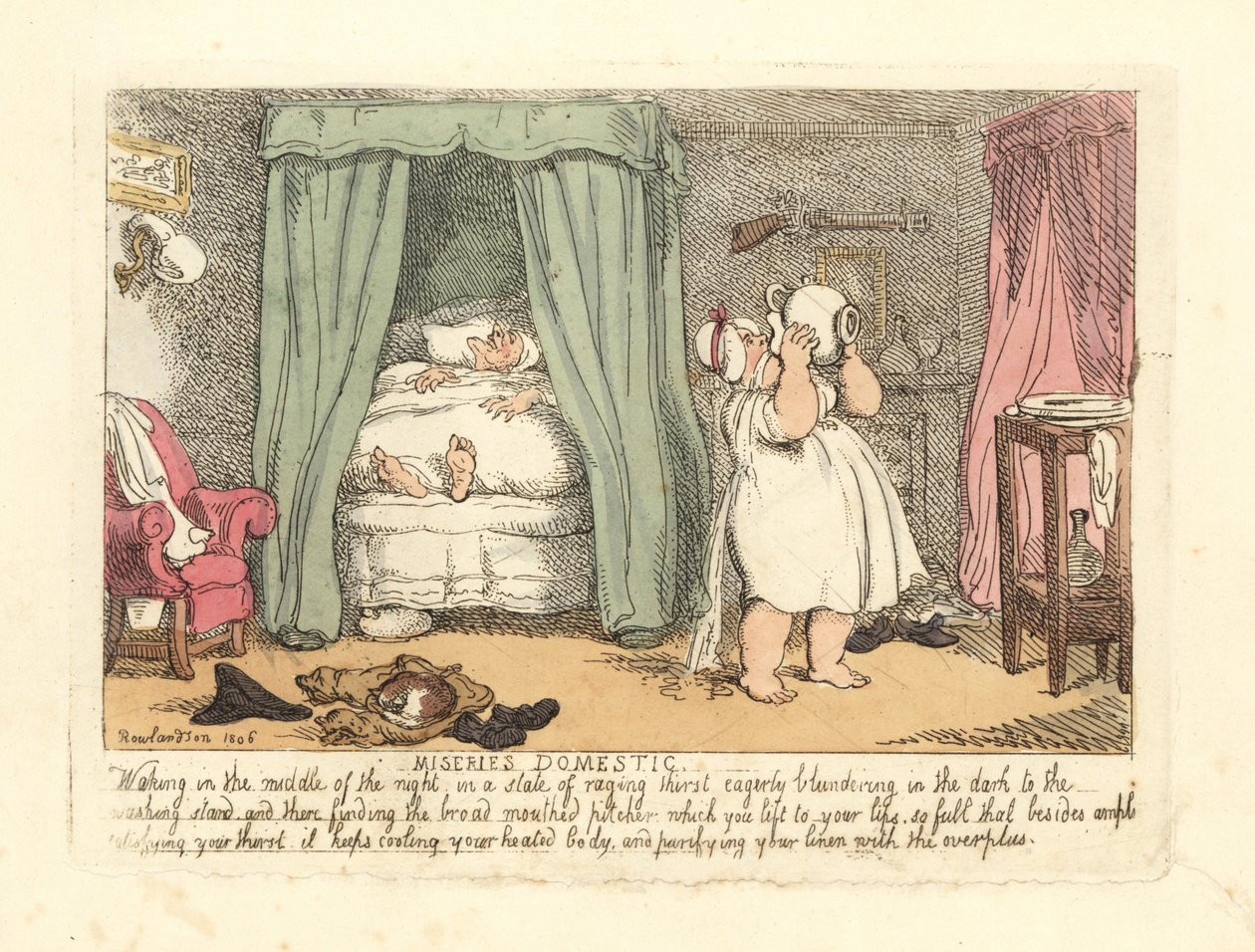 Gece boyunca üzerine bir sürahi su döken kadın. by Thomas Rowlandson