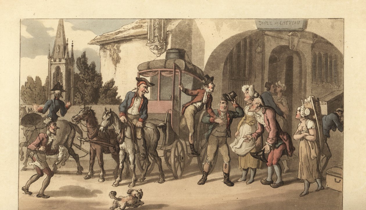 Fransız postanesine gelen genç İngiliz beyefendi by Thomas Rowlandson