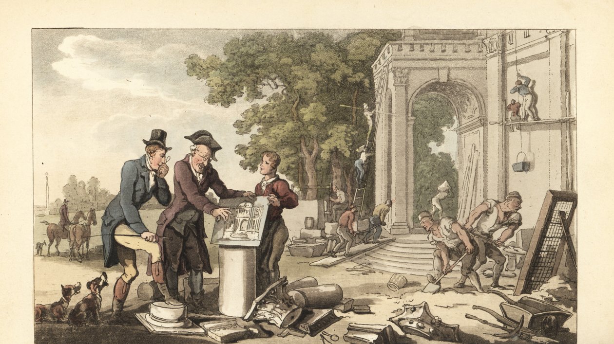 Görkemli bir ev inşa eden genç İngiliz beyefendi by Thomas Rowlandson