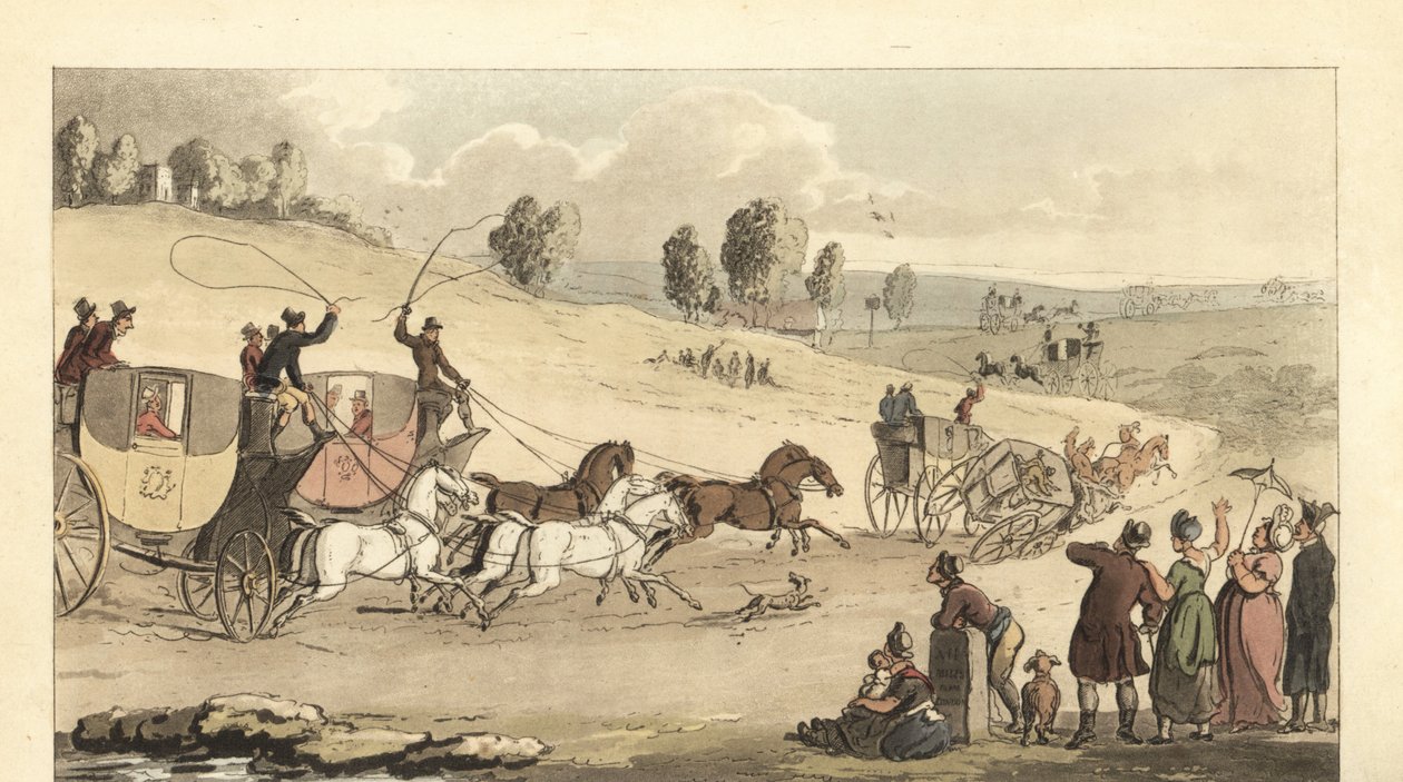 Genç İngiliz beyler yolda dört atlı arabalarla yarışıyorlar. by Thomas Rowlandson