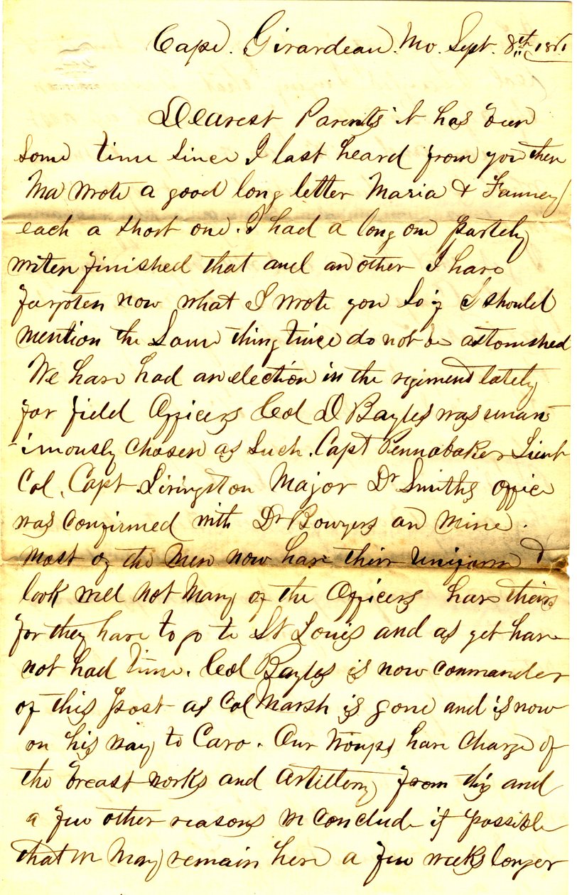 İmzalı mektup T.S. Hawley, Cape Girardeau, Missouri, ebeveynlere, 8 Eylül 1861 by Thomas S. Hawley