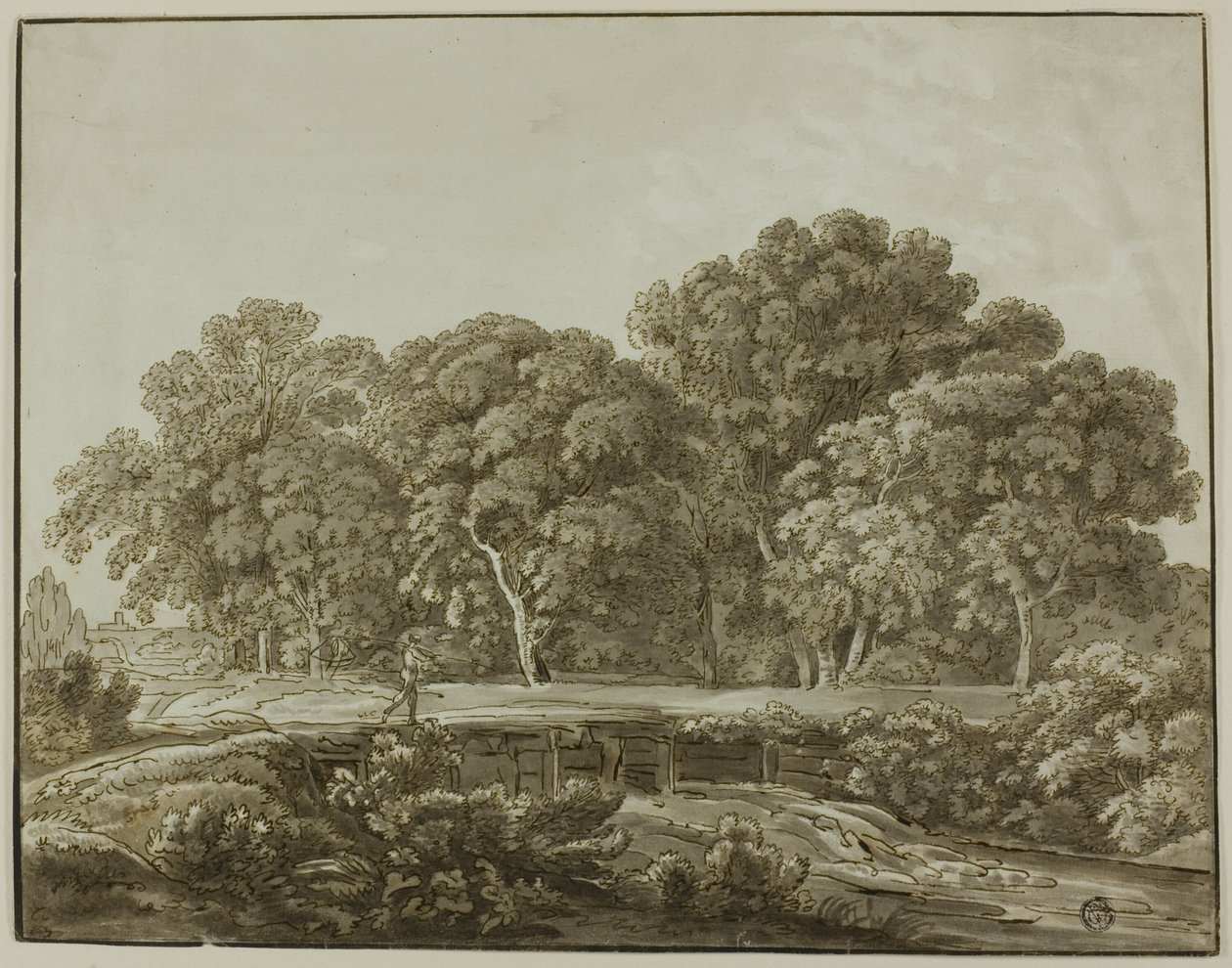 Dere Üzerinden Köprüyü Kesen Figürlü Manzara by Thomas Sandby